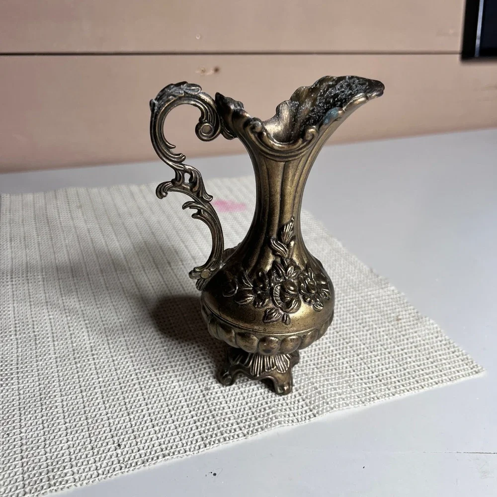 Vintage Made in Italy‎ Miniature Brass Pitcher Ornate Floral Bud Vase 4.5 Inch